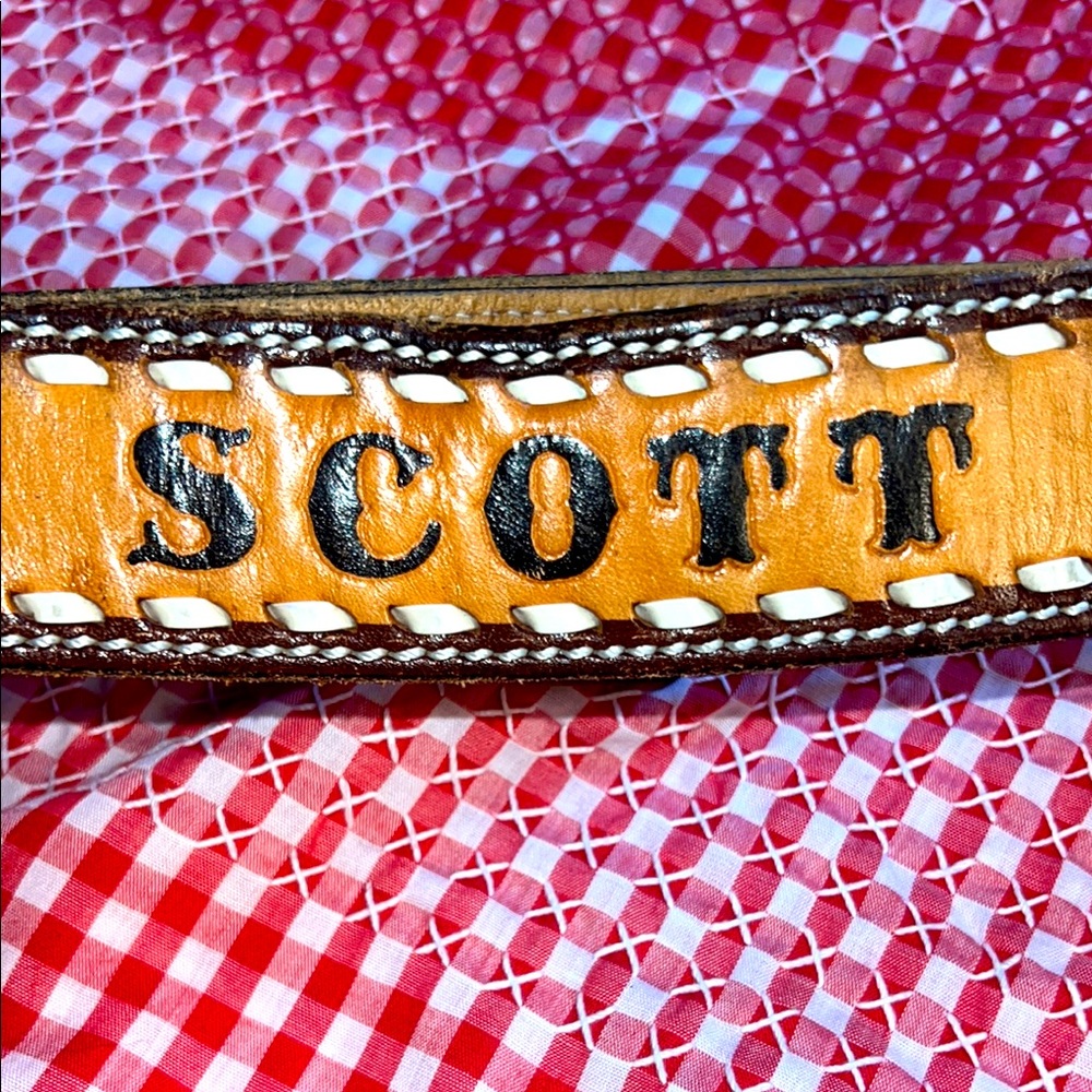 Vintage “Scott” Embossed & Embroidered Tan Leather Western Belt  Sz.36